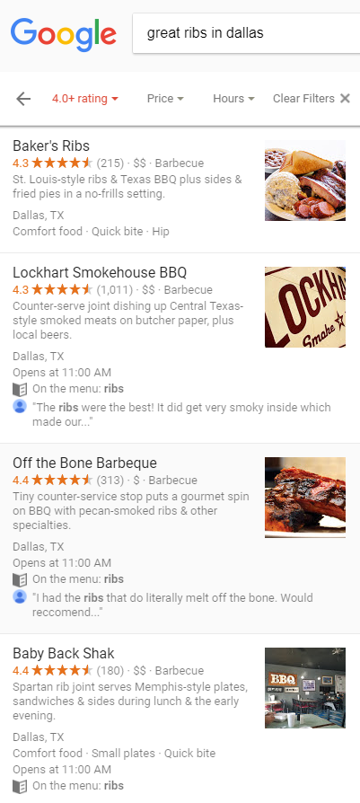 Google Local Search for Ribs in Dallas